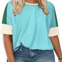 DOLNINE Plus-Size-Tops for Women Summer Color Block Shirts Casual Crewneck Tees Trendy Going Out Side Split Tunics 2XL