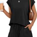 AUTOMET Womens Lounge Two 2 piece Sets Summer Spring Cruise Outfits 2026 Matching Beach Vacation Clothes Travel Sweatsuits Sweat Casual Romper Shorts Fashion Trendy Clothing Loungewear Black M