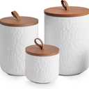 JOJUNO White Ceramic Canister Set with Wooden Lid, 3-Piece Airtight Food Storage Jars for Kitchen Counter - Flour, Sugar, Coffee, Tea, Spice - Small, Medium, Large Sizes - Stone Texture