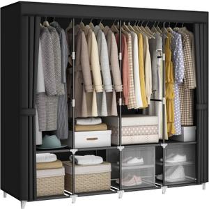 Portable Closet Wardrobe, 67-Inch Clothes Organizer with 4 Hanging Rods and 8 Shelves, Non-Woven Fabric Cover, Large Capacity Storage for Bedroom and Living Room, Black