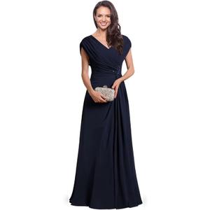 Chiffon Mother of The Bride Dresses for Wedding Long Ruched Cap Sleeve V Neck Formal Mother of The Groom Dress (18 Plus)