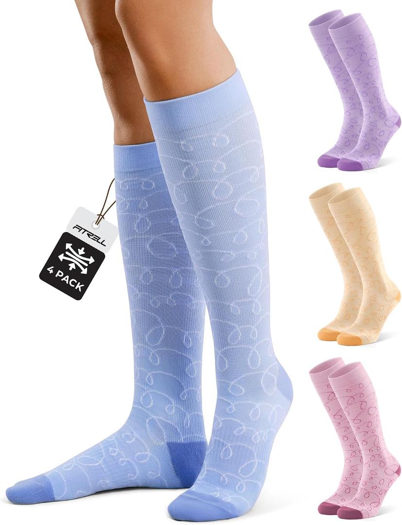 FITRELL 4 Pairs Compression Socks for Women & Men, 15-20mmHg Circulation Support for Athletic Travel Daily Wear