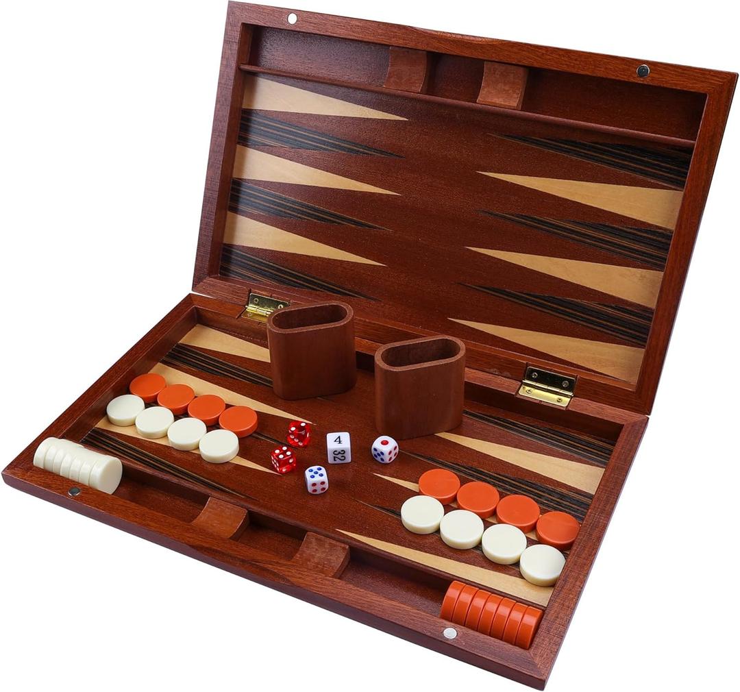 Wooden Backgammon Set, 15 inch Folding Backgammon Board Game with 32 Pieces | Portable Travel Strategy Game for Adults & Kids | Complete Backgammon Set in Wood Case for Family Game Nights & Gifts