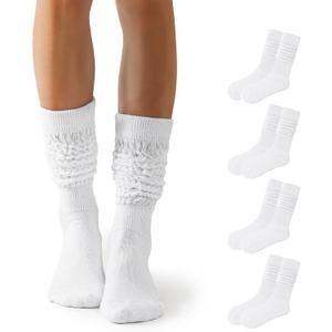 Flydo 4 PACK Women's Slouch Socks Scrunch Socks Soft Thigh High Boot Socks for Women Legs Warmers Socks Size 5-11 (4 Pairs White)