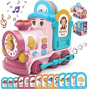 Toys for 1+ Year Old Girls - 24-In-1 Baby Musical Train with Bilingual(EN/ES) 14 Learning Cards, Sound, Lights, Baby Crawling Toys for 12-18 Month+, Fun Birthday & Xmas Gifts for Toddlers 1-3