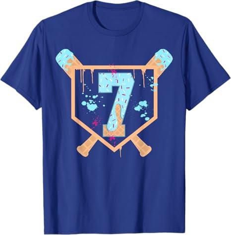 Baseball 7 Year Old Ice Cream Drip 7th Birthday Boy Number 7 T-Shirt (Small, Royal Blue)