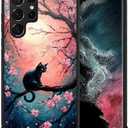 CARLOCA Compatible with Samsung Galaxy S23 Ultra Case for Girls Boys Hard Shell Shockproof Protection Non Slip for Samsung Galaxy S23 Ultra Fashion Pattern Black Cat Cherry Blossom Branch Flowers