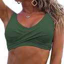 Fanuerg Women's Twist Front Bikini Top V Neck Push Up Padded Swimsuit Top Bathing Suits, Large