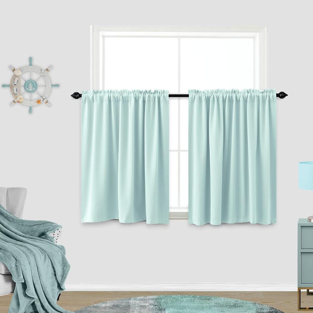 KOUFALL Mint Green Curtains for Kitchen Window,Light Blocking Blackout Bathroom Valances for Windows,24 Inch Length,Aqua