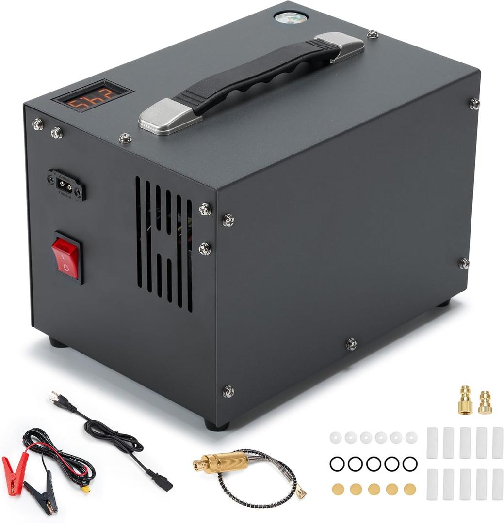 PCP Air Compressor with Manual Shut Down, 4500Psi/30Mpa, Water/Oil-Free, Powered by 12V DC/120V AC, Fan Cooling System, PCP Compressor for Air Rifle, Paintball and Scuba Tank Compressor Pump (Gray)