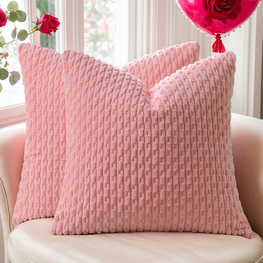 Kevin Textile Valentines Day Decorative Pillow Covers Set of 2 Striped Plush Corduroy Pillows Pillowcases Boho Home Decor Cushion Covers for Couch Sofa Bed Living Room 18x18 Inch, Dark Pink