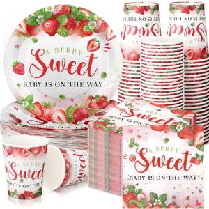 Hushee 200 Pcs Strawberry Baby Shower Paper Plates Napkins Cups Baby Shower Party Supplies Tableware Set a Berry Sweet Baby Is on the Way Disposable Plates for 50 Guest Girls Spring Summer Party (Multicolor)