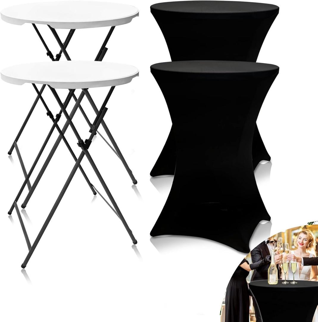 2 Sets 32in Round Folding Cocktail Tables with Spandex Stretch Table Covers for Indoor Outdoor Use Portable Ideal for Parties Events Dining and Gatherings (White Set+2BKcloth)