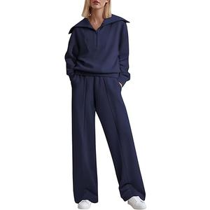 Aleumdr Two Piece Outfit Sweatsuit Wide Leg Sweatpant Lounge Matching Sets Fleece Womens Lounge Set Half Zip Sweatshirt Oversized Pullover Tracksuit 2025 Fall Travel Clothing Blue Large