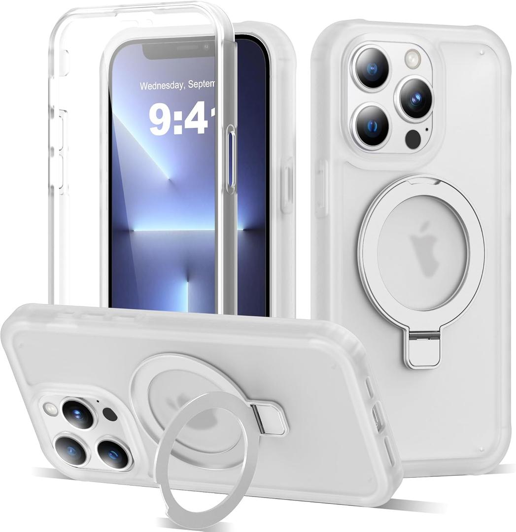 Compatible with iPhone 13 Pro Case with Magnetic Ring Stand [Compatible with Mag-Safe] [Built-in Screen Protector] Military-Grade Drop Protection Matte Translucent Phone Case, White