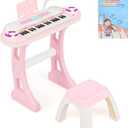 HONEY JOY Pink Kids Piano, 37-Key Kids Keyboard Piano w/ Book, Music Stand & Bench, Microphone, Lights, Portable Electronic Educational Musical Instrument, Gift for Girls Boys