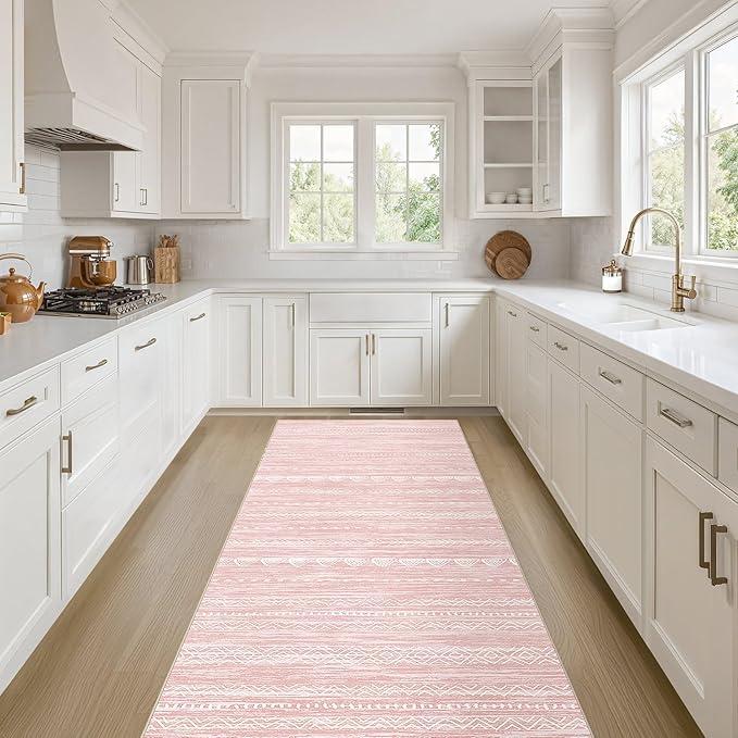 Nakagishi Runner Rug Kitchen Washable Rugs: 2x6 Non-Slip Boho Soft Modern Stain Resistant Indoor Floor Neutral Farmhouse Throw Carpet for Hallway Bathroom Laundry Room Entryway Bedroom- Pink