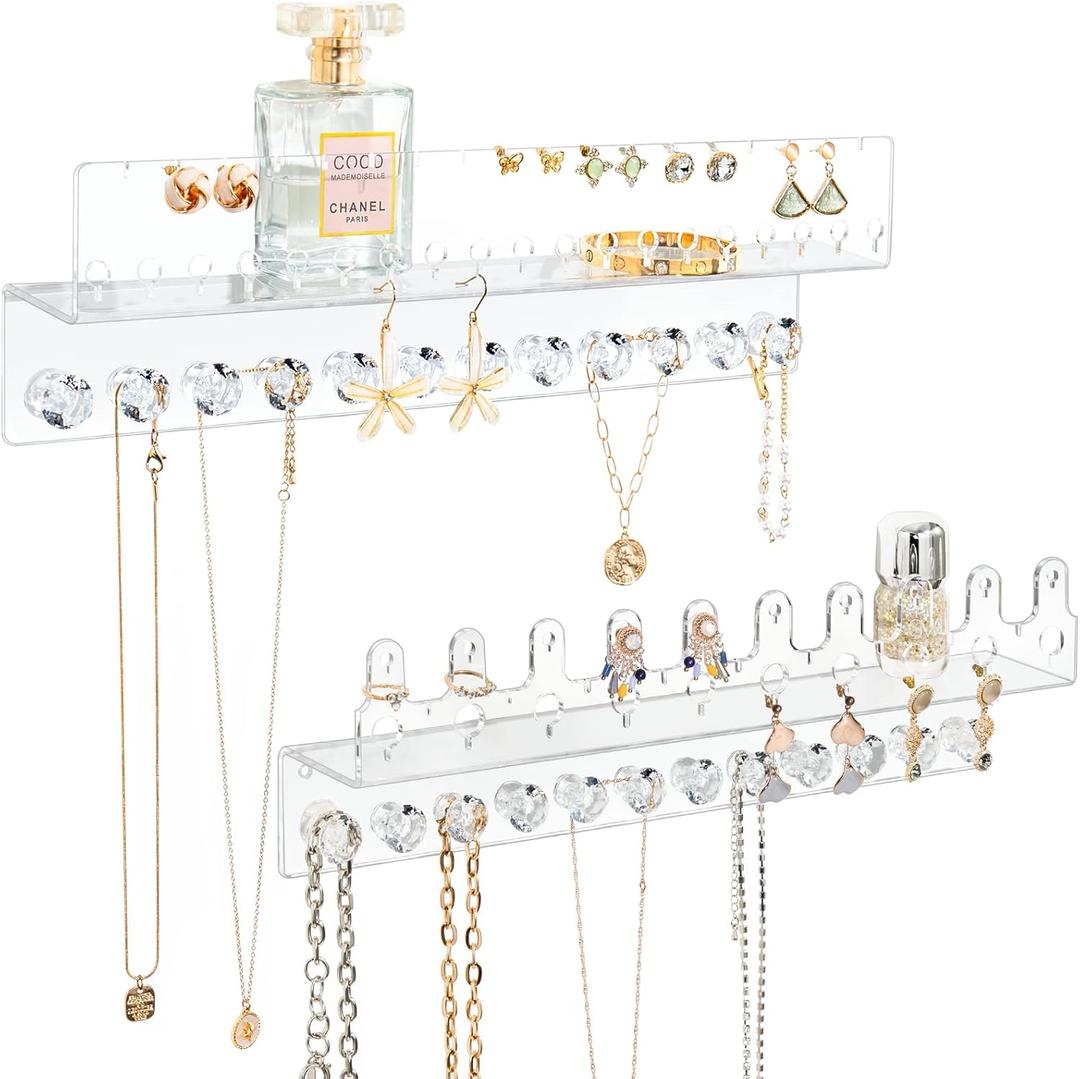 Acrylic Hanging Jewelry Organizer Wall Mounted Jewelry Holder with Floating Shelf, Necklace Holder Organizer, Stud Earring Organizer and Ring Holder for Women Girls (2 Pack)