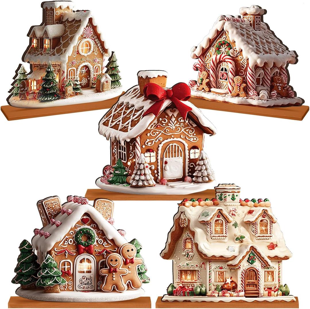 Chunful 5 Pcs Gingerbread Christmas Table Decorations Wooden Gingerbread House Decor Christmas Centerpiece Ginger Bread Village Decorations Winter Tiered Tray Decor with Base for Xmas Home Kitchen