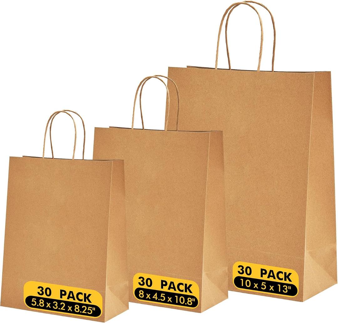 90 Pack Brown Paper Bags with Handles, Multiple 3 Assorted Sizes Gift Bags, Heavy Duty Kraft Paper Bags Bulk, Retail Shopping Bags for Birthday Party, Wedding, Business, Grocery & Take Out Sacks