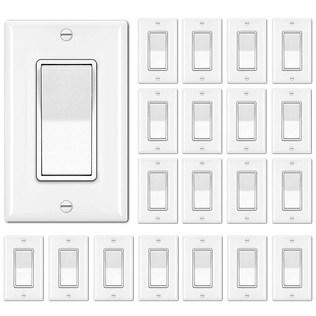 BESTTEN 20 Pack Single Pole Decorator Wall Light Switch with Wallplate, 15A 120/277V, On/Off Rocker Paddle Interrupter, UL Listed, White