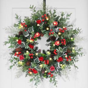 28Inch Christmas Wreath for Front Door, Artificial Real Touch Xmas Wreath with Warm Lights Faux Greenery Pinecone Berries for Outdoor Indoor Wall Table Home Holiday Christmas Front Door Decorations