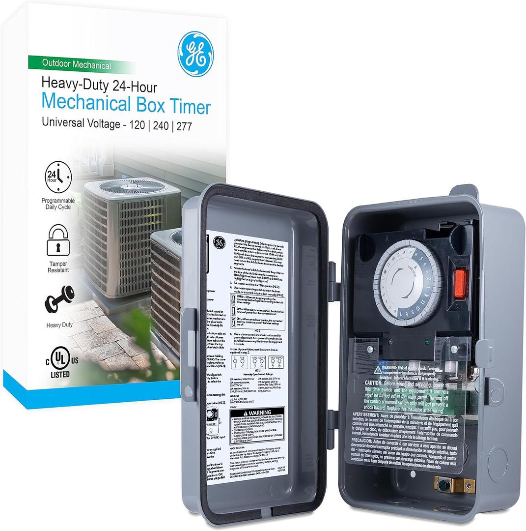 GE 24-hour Mechanical Pool Timer Switch, 2HP 40A Load Capacity Pool Pump Timer, Outdoor NEMA 3R-Rated Box , Universal Voltage Replacement, Water Heater , Tamper Resistant, 46536