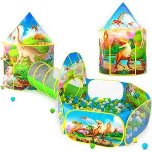 PigPigPen 3pc Dinosaur Play Tent for Kids, Baby Ball Pit, Crawl Tunnel, Castle Tents for Toddlers, Children Indoor & Outdoor Playhouse Toys, Perfect Kids Gifts (118 inches x 47 inches x 51 inches)