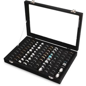 Frebeauty Ring Organizer Tray 100 Slots Ring Holder with Clear Lid Velvet Storage Box Jewelry Tray for Jewelry Store Earring Display Case for Jewelry Show Studs Box for Women(Black)