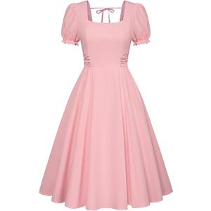 Belle Poque Vintage Dress for Women 1950s Cottagecore Cocktail Dresses Square Neck Puff Sleeve Dress with Pockets, Size XL, Pink