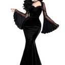 GothDark Womens Goth Dress Black Velvet Mermaid Mesh Bell Sleeve Lace Trim Sexy Vintage Cosplay Halloween Costumes M