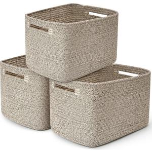 3 Pack Shelf Woven Storage Basket, 15 x 10 x 9 Closet Rope Baskets For Organizing, Square Bins with Handles, Brown
