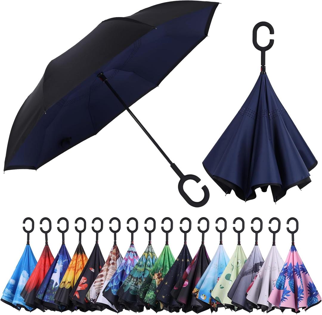 Inverted Umbrella, 49 Inch Double-Layer Vented Reverse Umbrella, Windproof Waterproof UV Protection, Lightweight C-Handle, Fiberglass Ribs, Steel Shaft, Travel/Commute/Car Use, With Sleeve (Navy-1)