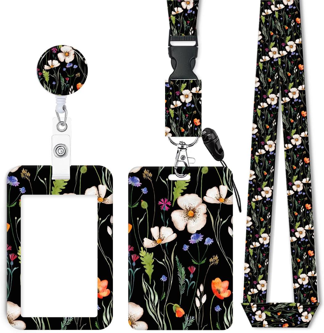 ID Badge Holder with Retractable Lanyard, Badge Holders Reel with 360 Degrees Rotate Carabiner Clip for Women, Teachers, Nurses, Doctor,Students, Office(Wildflower Night)