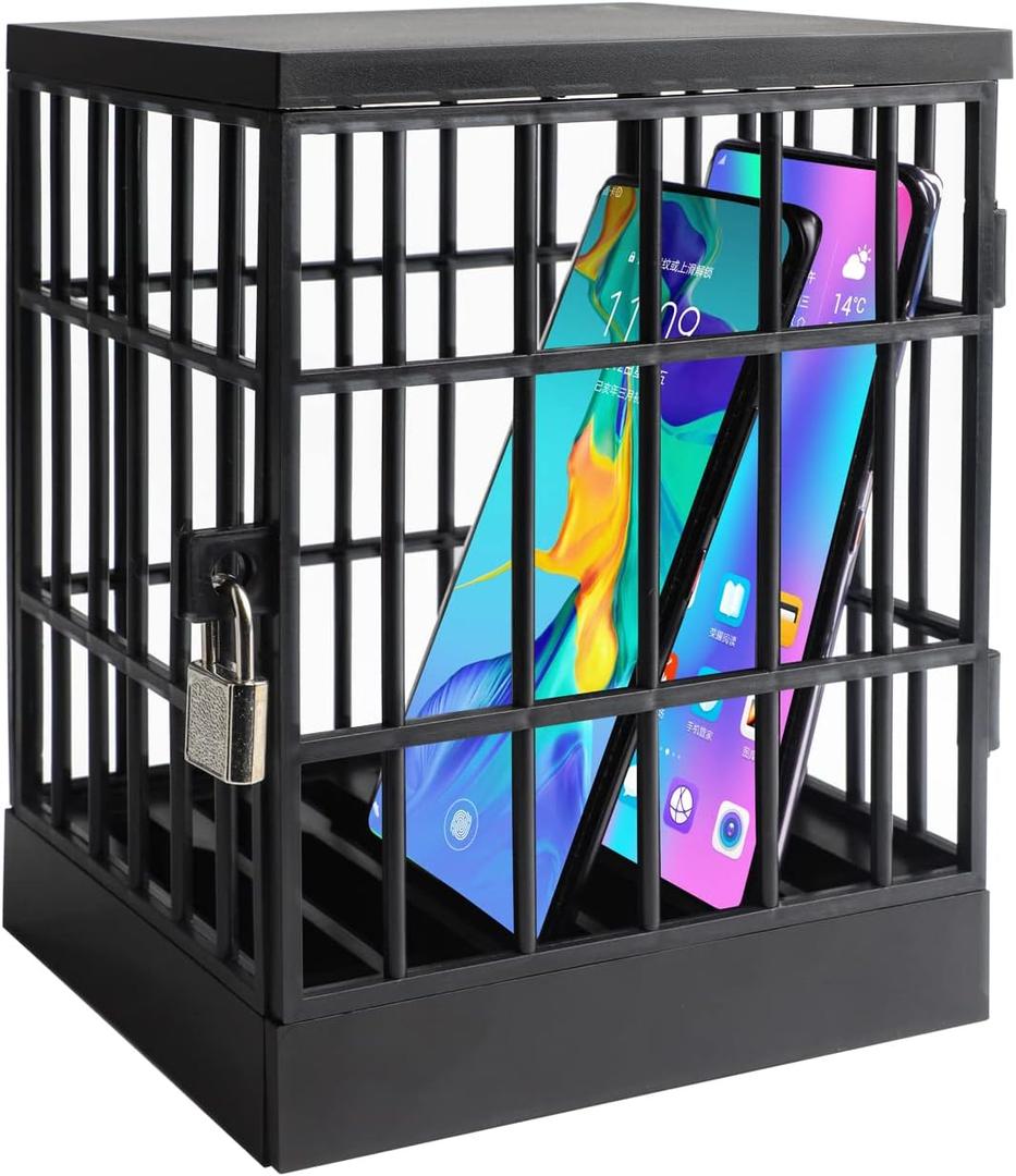 SANIDIKA Sturdy Cell Block Cell Phone Jail with Lock and Keys,Smartphone Stand Holders Classroom Home Table Office Storage Gadget -Family Time, Party Fun Novelty Gift Idea (Black)