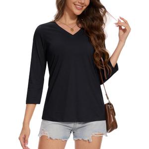 MAGCOMSEN 3/4 Sleeve T Shirts for Women V Neck Tshirts Cotton UPF50+ Summer Tops Casual T-Shirts Basic Tees 2025 (Medium, Black)