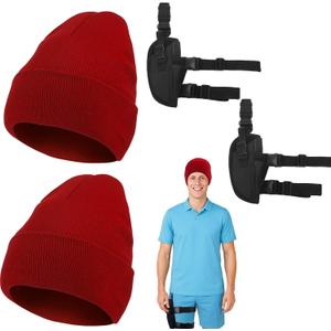 2 Sets Halloween Life Aquatic Cosplay Costume Red Long Knitted Beanie and Tactical Right Handed Leg Holsters Movie Themed Role Play Outfit for Halloween Party