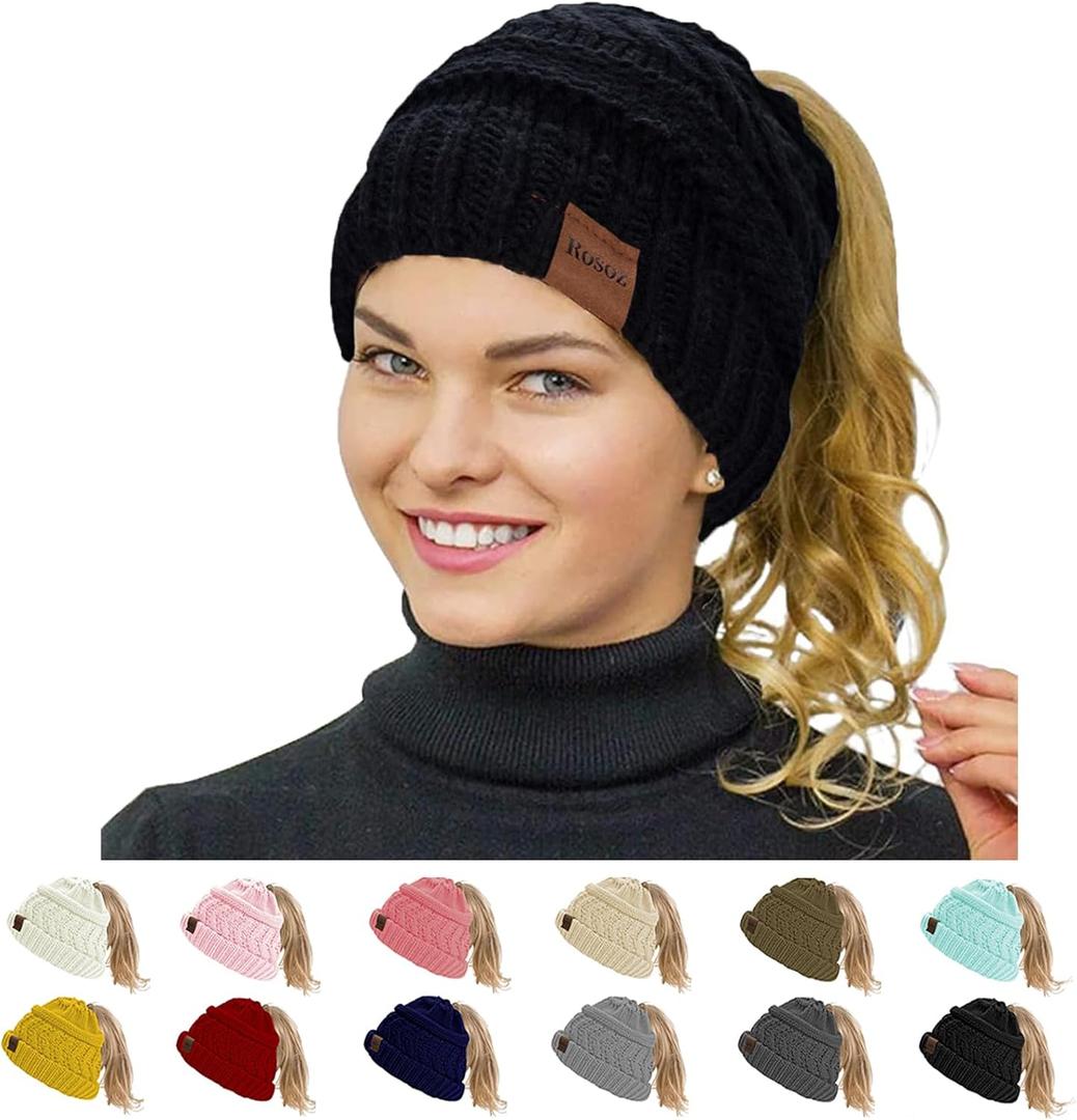 Rosoz 1&2 Packs Ponytail Beanie for Women,Winter Warm Beanie Tail Soft Stretch Cable Knit Messy High Bun Hat