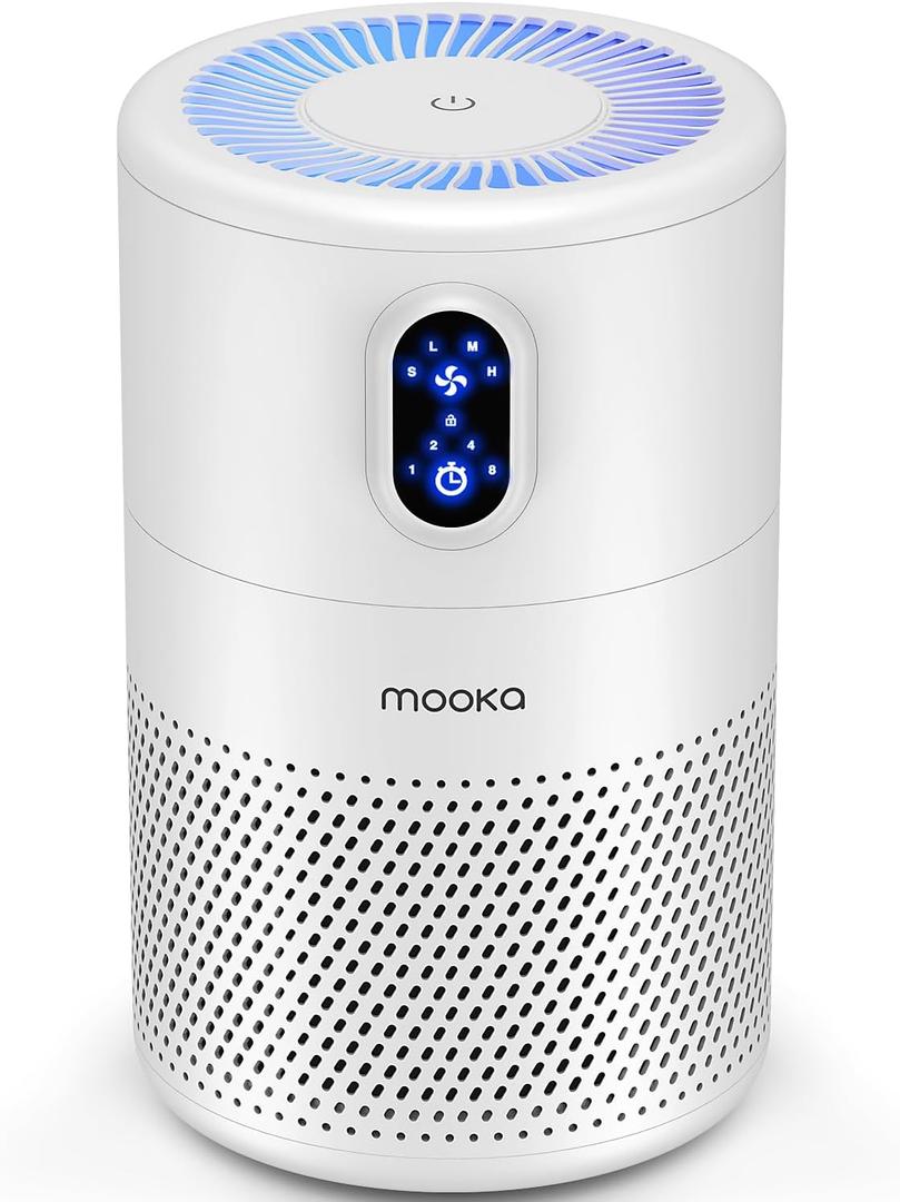 MOOKA Air Purifiers for Home Large Room up to 1076ft, H13 True HEPA Air Filter Cleaner, Odor Eliminator, Remove Smoke Dust Pollen Pet Dander, Night Light, B-D02L White