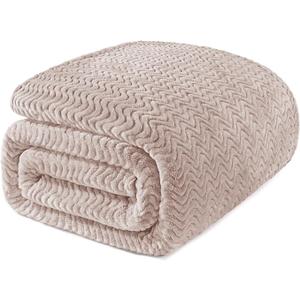 Exclusivo Mezcla Soft Fleece Blanket King Size, Cozy Lightweight Blankets with Decorative Wave Textured Suitable for All Season Use, Camel, 90x104 Inches