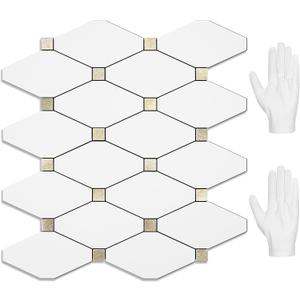 STICKGOO 10 Sheets Peel and Stick Backsplash, Pure White Marble Look PVC Mixed Metal Gold Kitchen Backsplash, Stick on Backsplash Wall Tiles for Kitchen, Bathroom, RV
