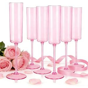 YOUBET 24 Pack Pink Plastic Champagne Flutes - 6 Oz Clear Pink Champagne Glasses - Square Plastic Toasting Glasses for Party Birthday Anniversary Wedding Valentines Day