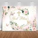 Sensfun God Bless Backdrop for Girl Baptism Party First Holy Communion Confirmation Decorations Pink and Gold Floral Christening Photography Background Photoshoot Banner (7x5ft)