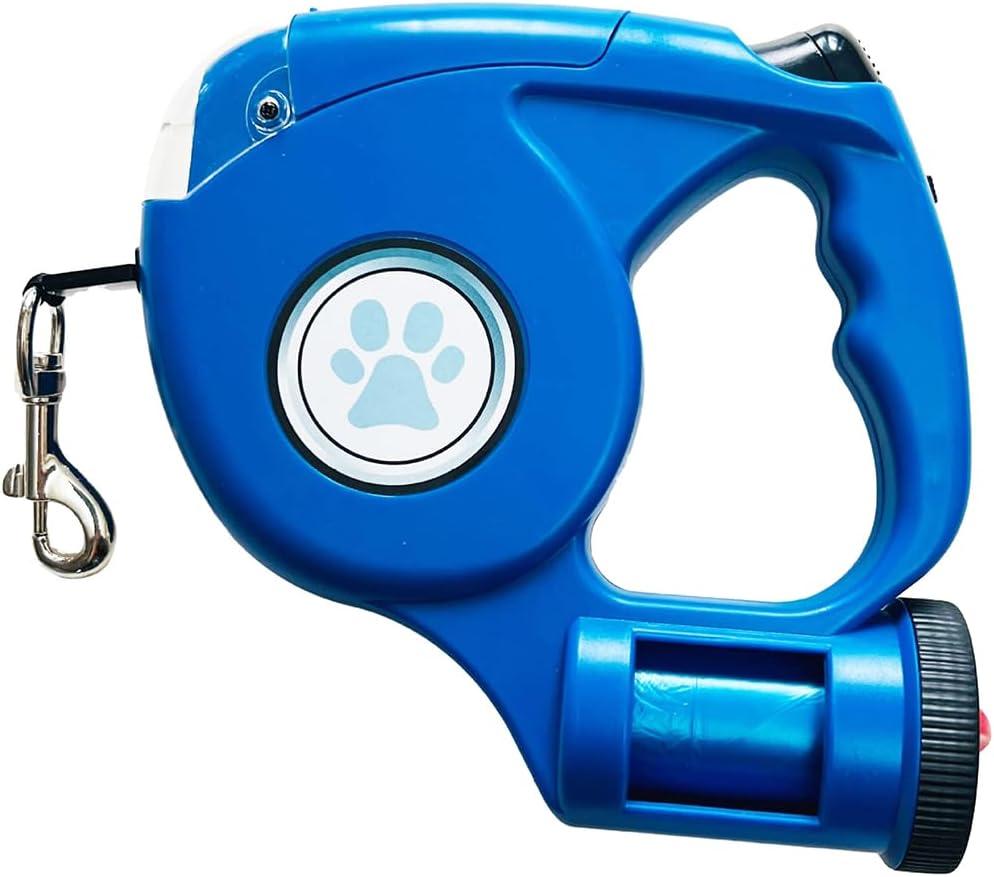 JEBBLAS Upgraded Dog Retractable Leashes with Flashlight and Waste Bag Dispenser, 3 in 1 Automatic Dog Walking Leash with Anti-Slip Handle, Blue, 15ft