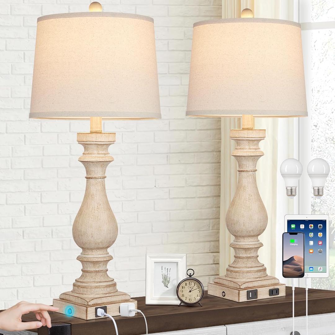 Cinkeda 29" Tall Table Lamp for Living Room Set of 2,Farmhouse Nightstand Bedside Lamps with USB C+A Ports & AC Outlet,3Way Dimmable Touch Control Desk Lamp for Bedroom,Color Cream
