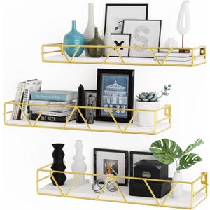 Amaoot Floating Shelves Set of 3, Home Wood Wall Shelf, Farmhouse Shelf for Bedroom, Wall Mounted Floating Shelf for Living Room, Bedroom, Bathroom, Kitchen, Office (Gold), 15.74 X 2.75 X 5.11 Inches