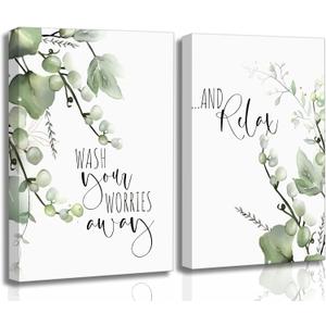 2 Pcs Botanical Canvas Wall Art Green Eucalyptus Leaves Picture Wall Decor Plant Watercolor Bathroom Poster Print for Toilet Laundry Clean Room Home Decoration, 16x24in-Canvas