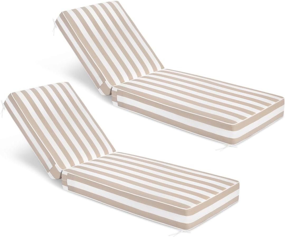 Sundale Outdoor Olefin Chaise Lounge Cushion Set of 2, Water-Resistant Patio Lounge Chair Cushion, Thick Lounger Pad with 4 Straps Cabana Stripe Tan, 80 x 26 x 6 Inches
