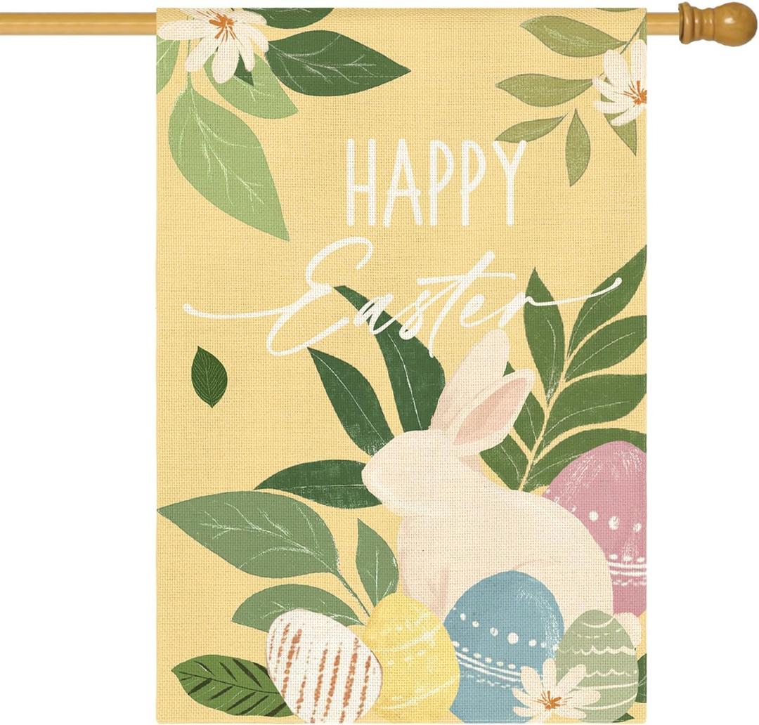 AVOIN colorlife Happy Easter House Flag 28x40 Inch Double Sided Outside, Bunny Rabbit and Eggs Floral Yard Outdoor Flag Blue Yellow