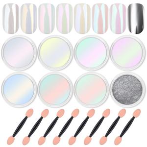 Artdone 8 Jars Chrome Nail Powder Magic White Pearl Kit Mirror Effect Silver Metallic Holographic Dip Nail Powder For Resin Craft & Nail Art Fimo, Decoration Iridescent Aurora Mermaid Pigment